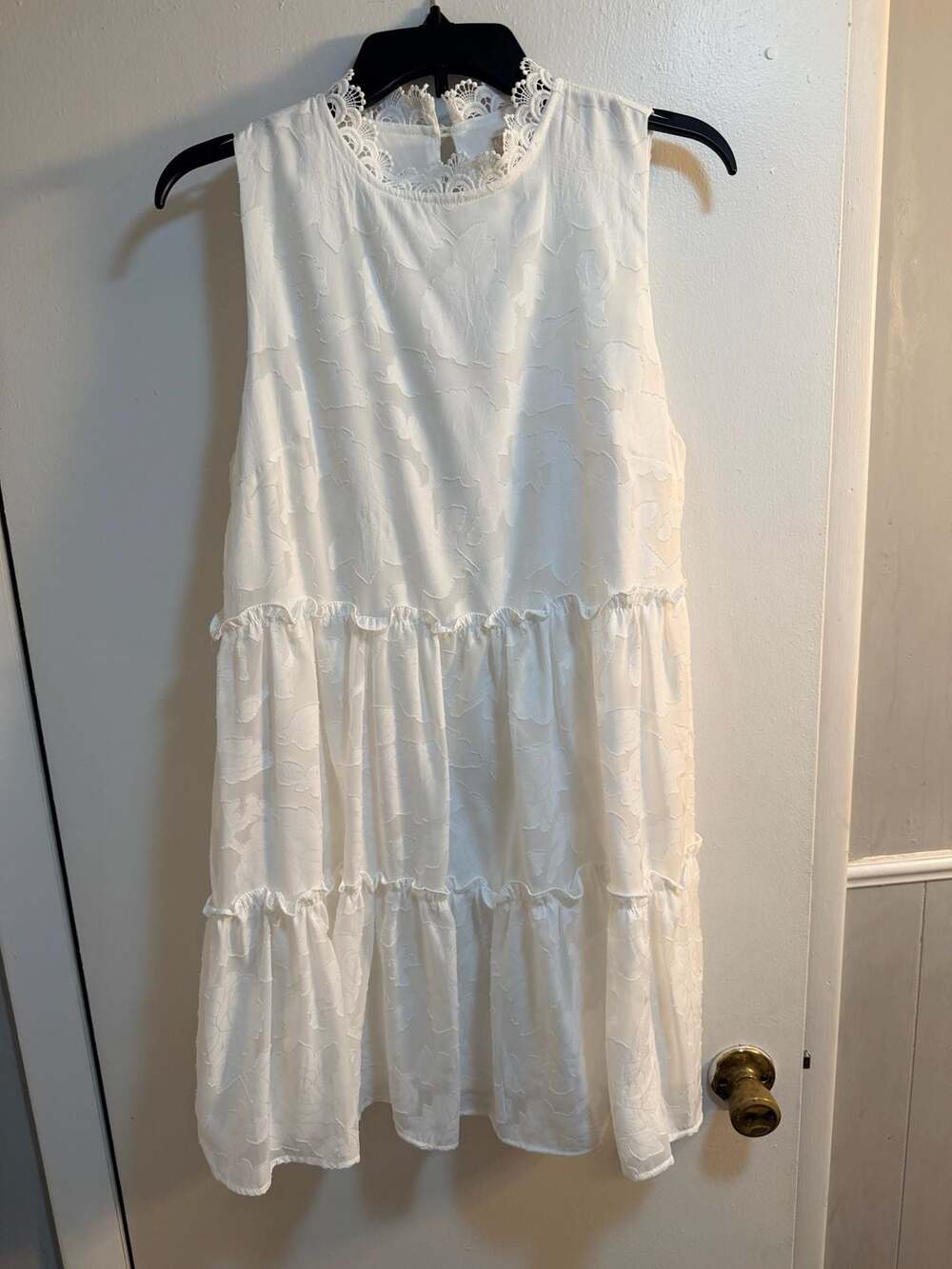 Altar'd State White Textured Floral Tiered Mini Dress with Lace Neckline